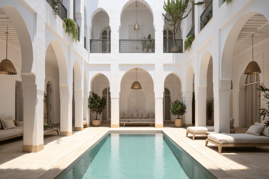 Rénovation artisanale d’un riad traditionnel à Marrakech, mettant en valeur l’architecture marocaine et les finitions modernes.


