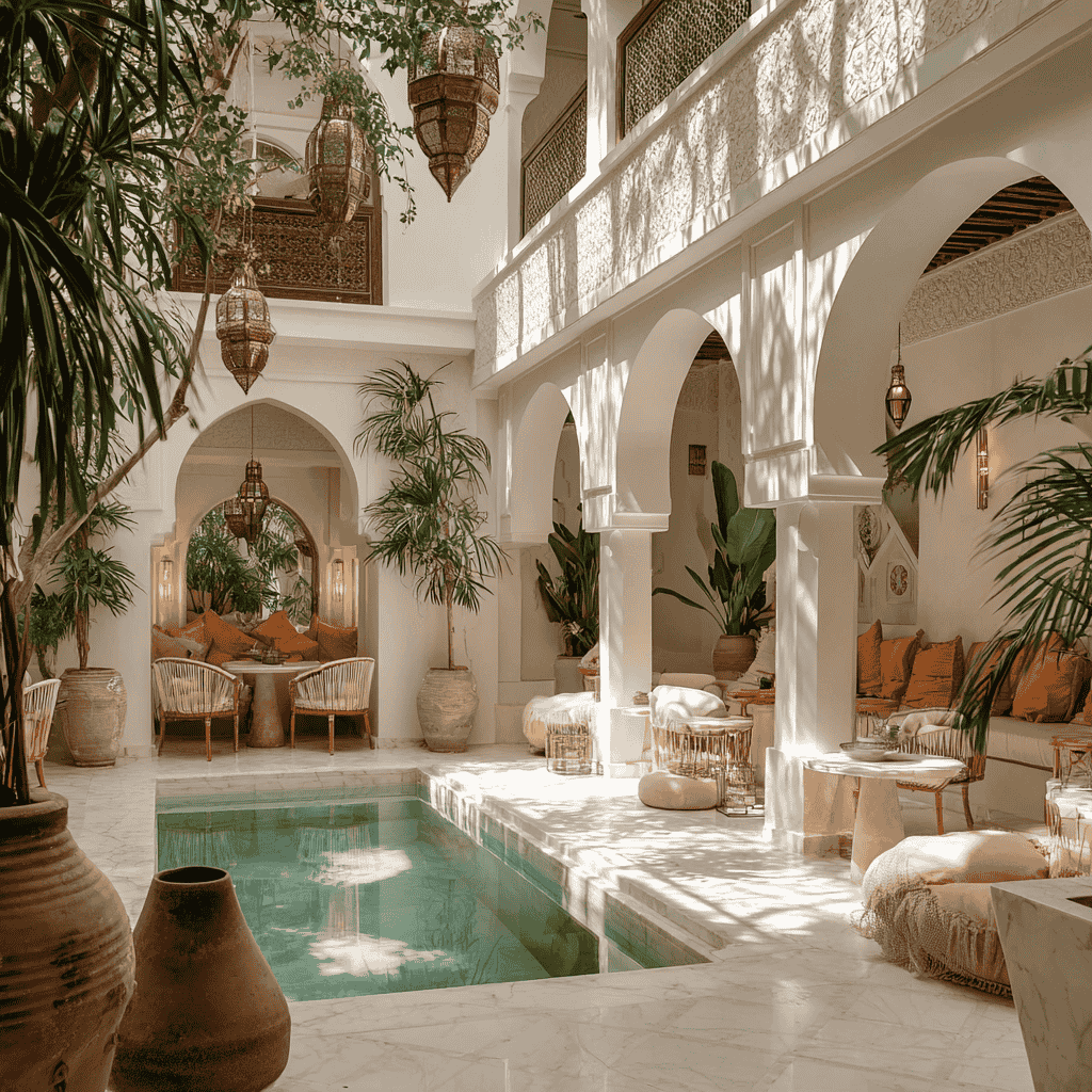 Riad rénové à Marrakech Vue intérieure d’un riad marocain entièrement rénové : patio central avec zelliges colorés, arches restaurées, et décoration traditionnelle soignée.